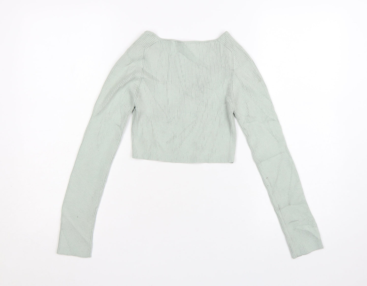 Zara Women Green V-Neck Ribbed Knit Long Sleeve Cropped Jumper S