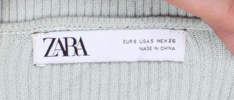 Zara Women Green V-Neck Ribbed Knit Long Sleeve Cropped Jumper S
