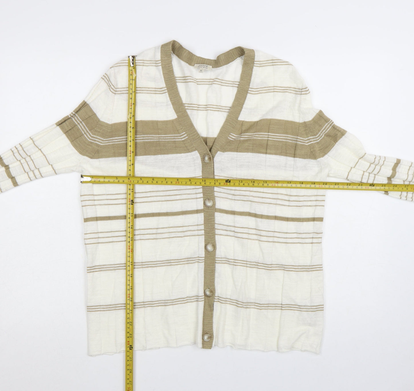 Jigsaw Women’s Beige Striped Linen Cotton V-Neck Cardigan XL