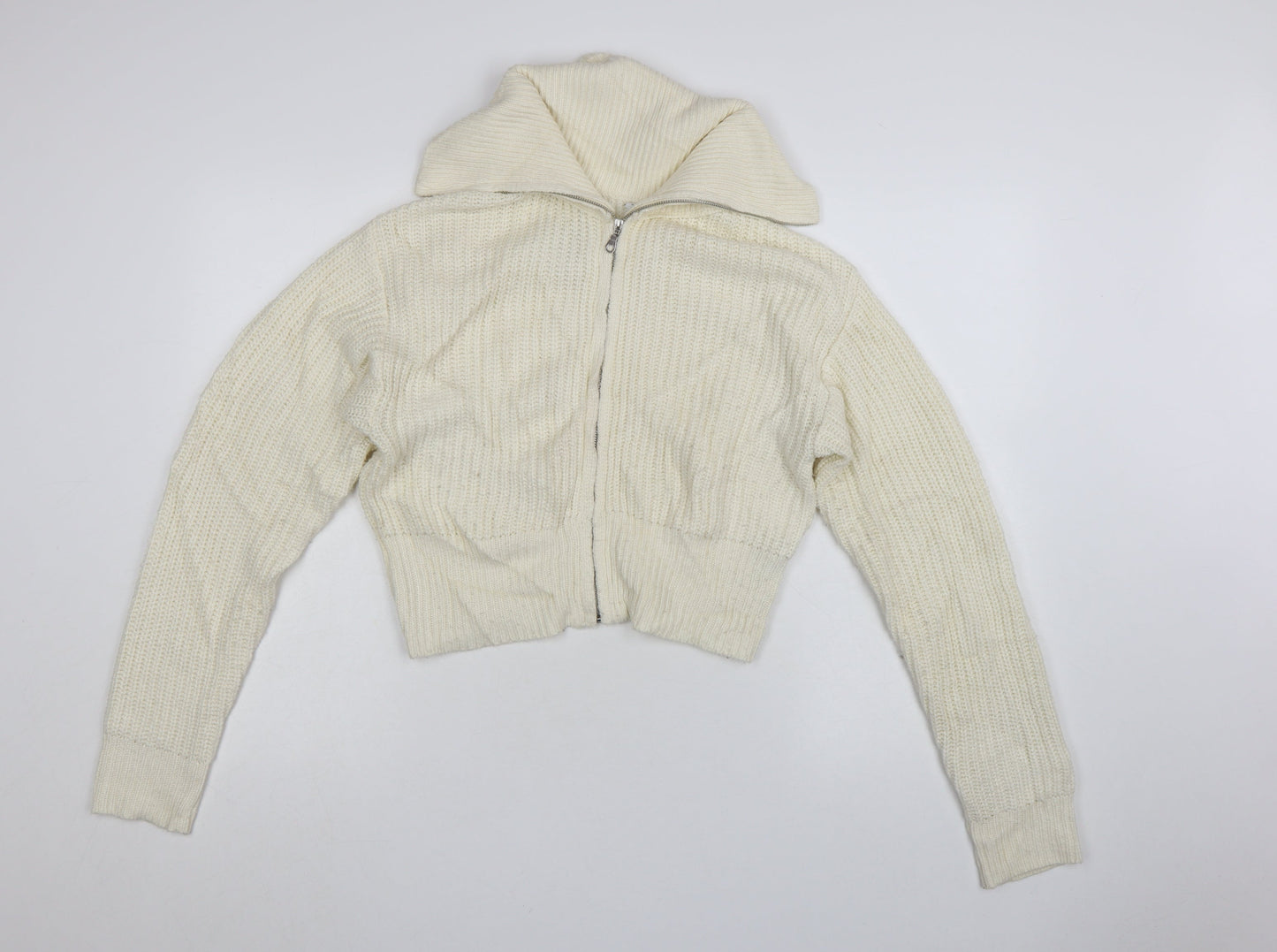 Collusion Womens Ivory Acrylic Chunky Knit Full Zip Jumper UK 8