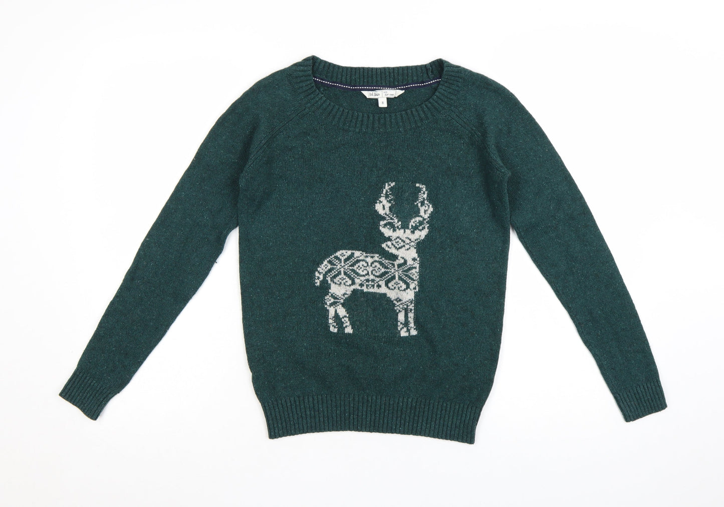 Fat Face Women Green Reindeer Wool Blend Christmas Jumper Size 8
