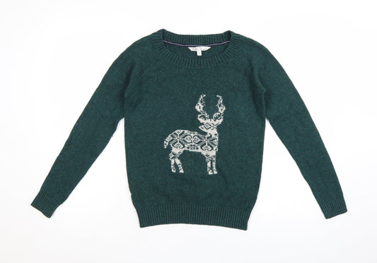 Fat Face Women Green Reindeer Wool Blend Christmas Jumper Size 8