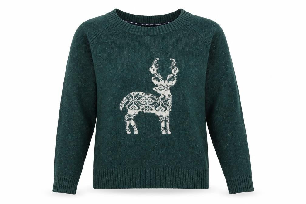 FatFace Women Green Reindeer Wool Blend Christmas Jumper Size 8