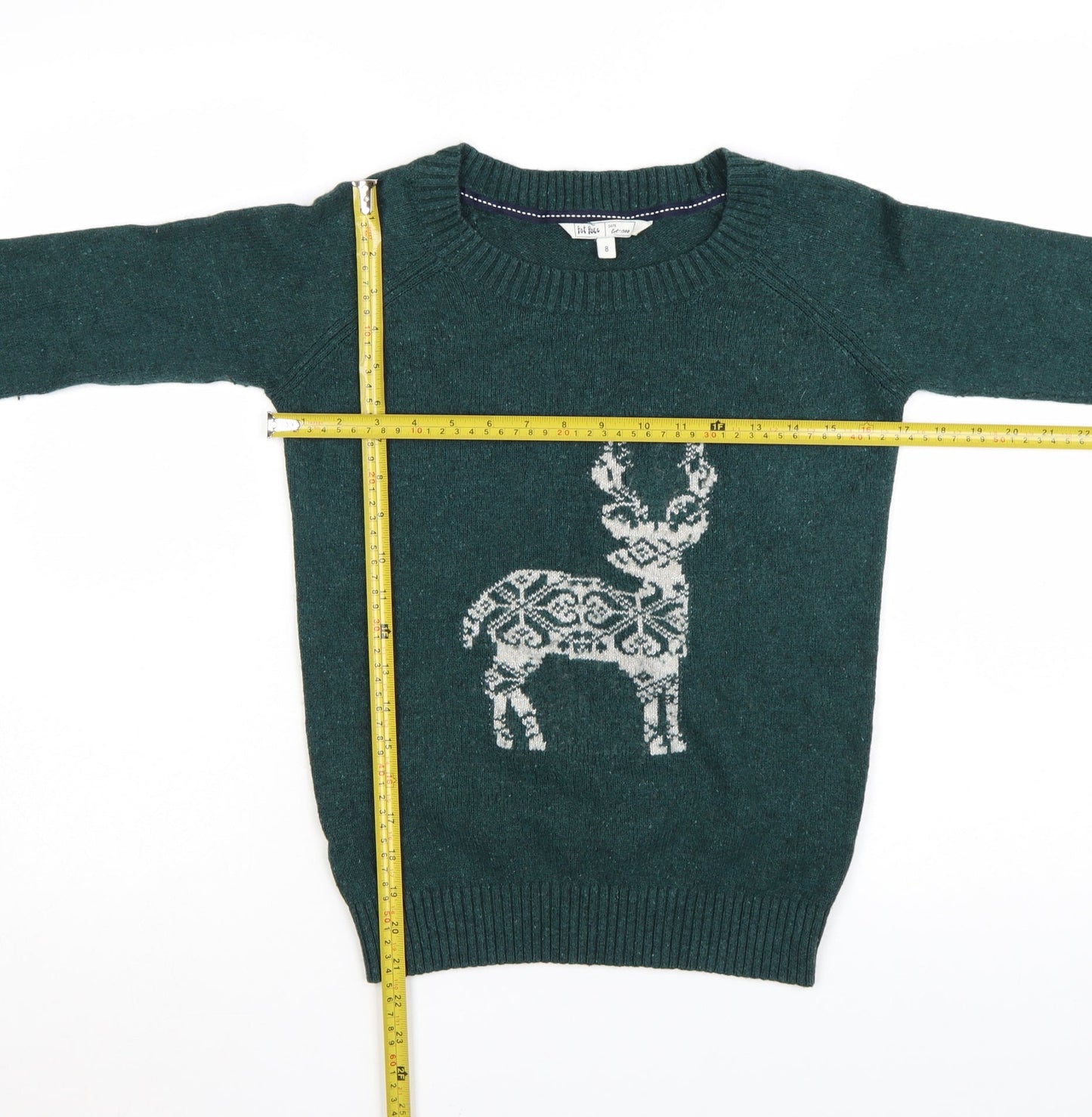 Fat Face Women Green Reindeer Wool Blend Christmas Jumper Size 8