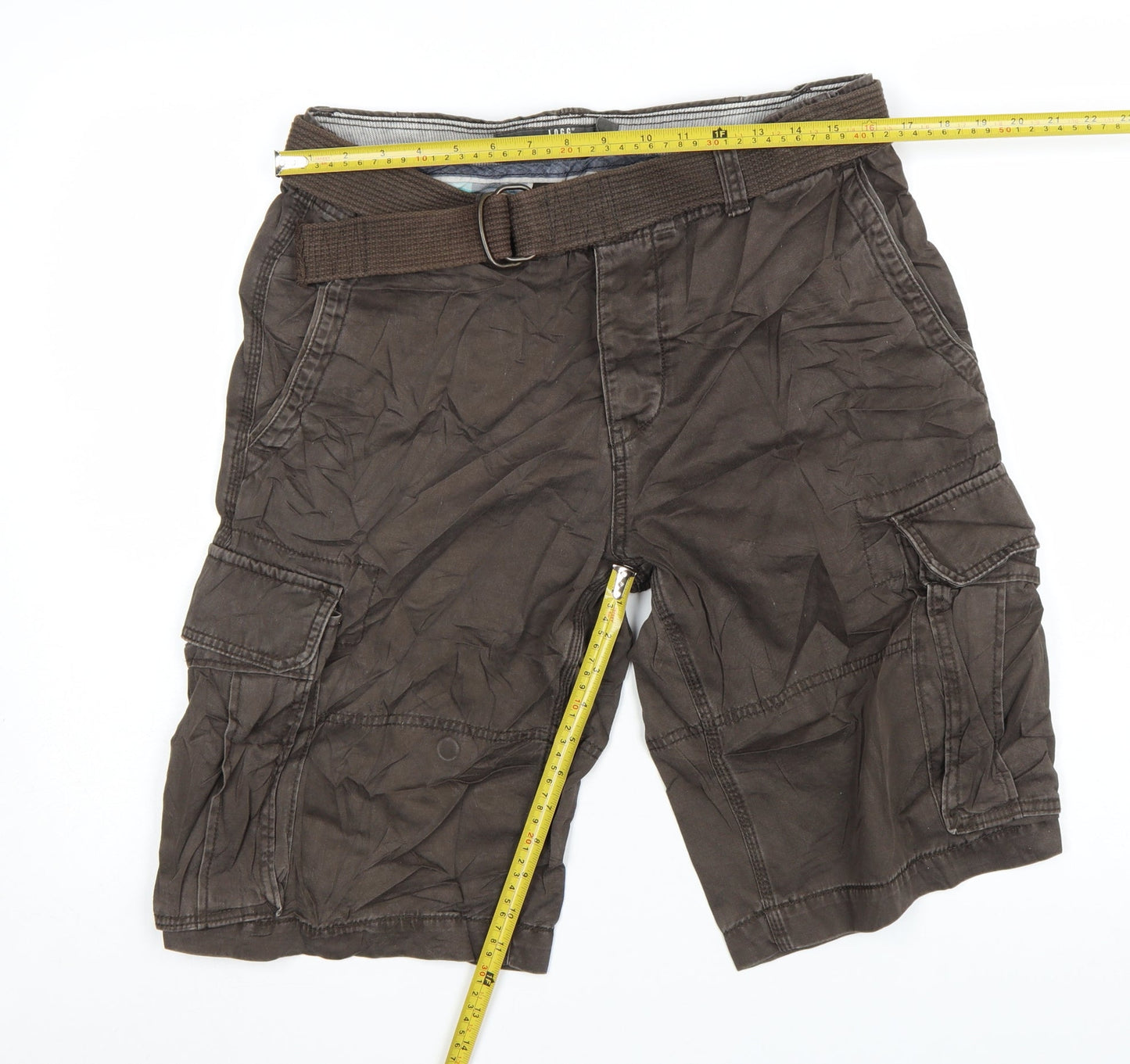 H&M L.O.G.G. Mens Brown Cargo Shorts Size 32 Regular Fit with Belt