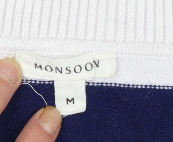 Monsoon Womens Blue White Striped V-Neck Knit Jumper M