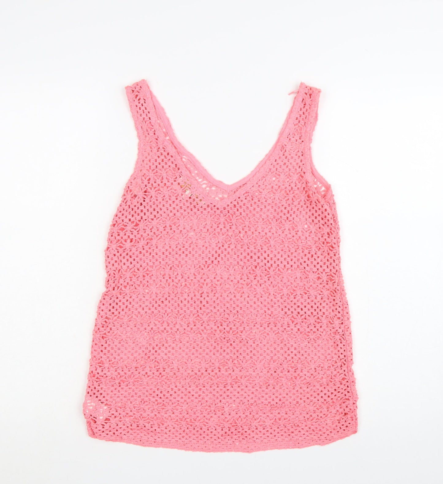 Next Women's Pink Crochet Cotton V-Neck Tank Top Size 8