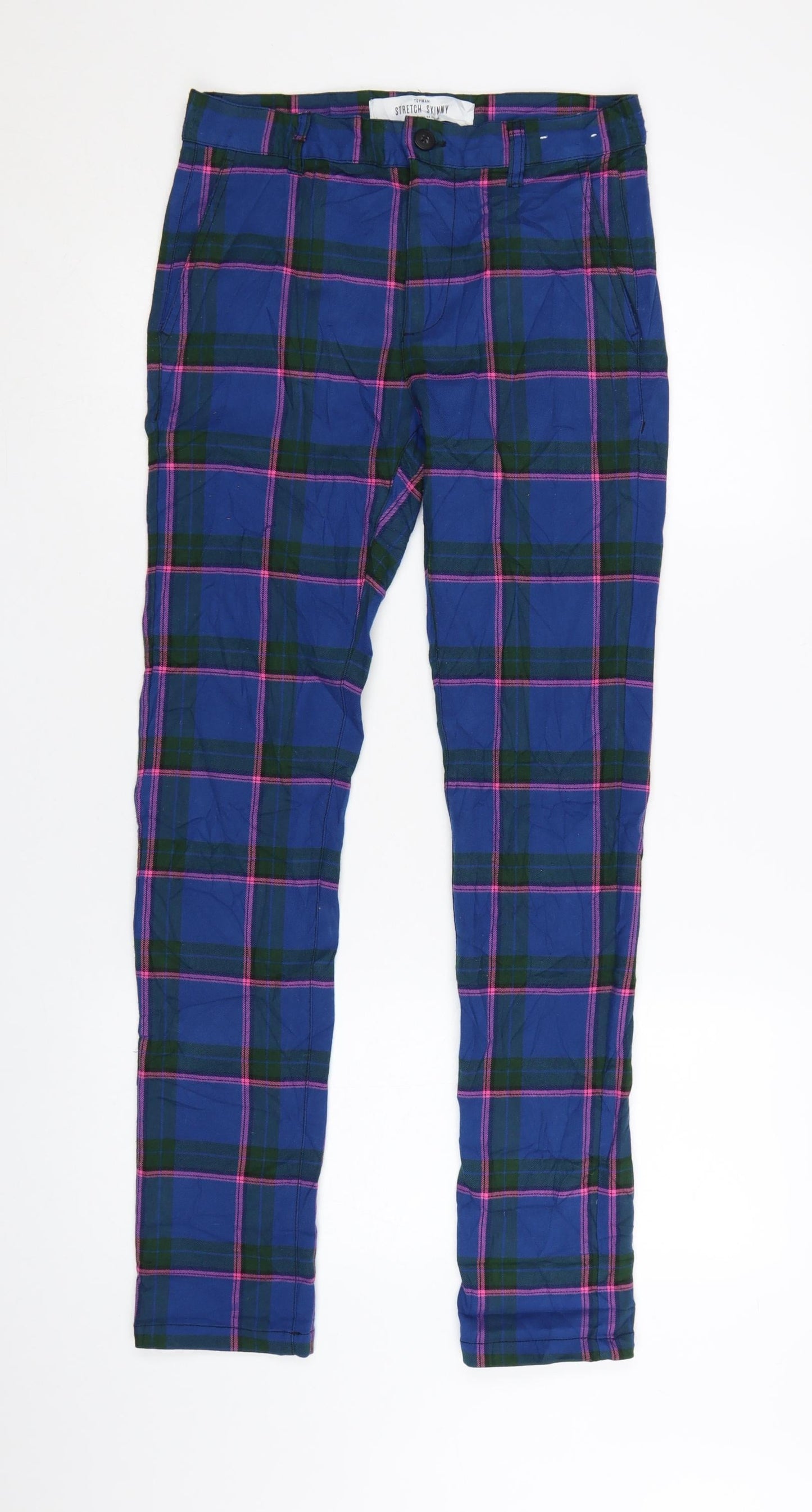 Topman Men's Blue Plaid Stretch Skinny Trousers W30 L32 Cotton Blend