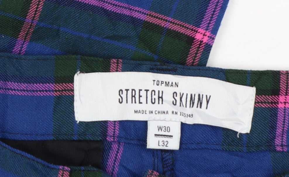 Topman Men's Blue Plaid Stretch Skinny Trousers W30 L32 Cotton Blend