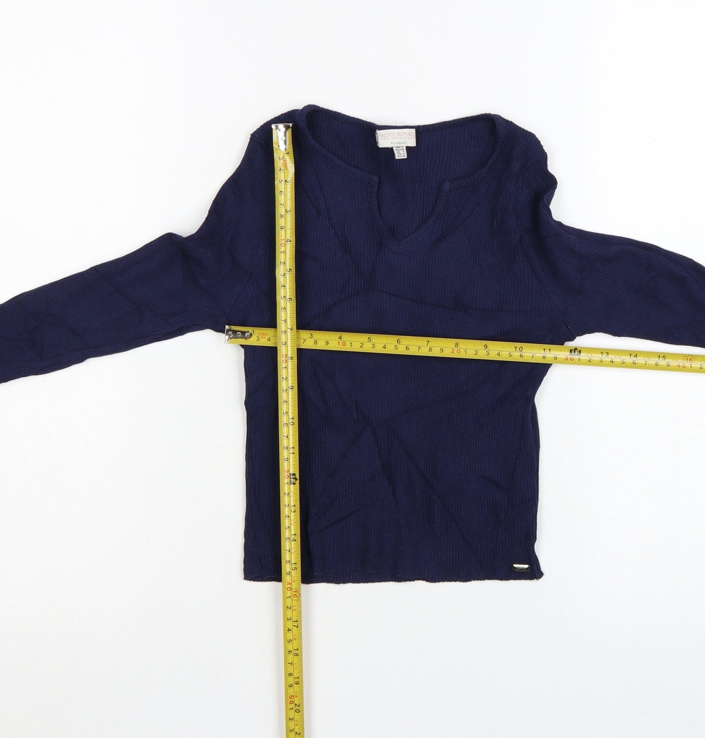 Pull & Bear Teens Blue Cropped Ribbed Long Sleeve V-Neck Top Size 12
