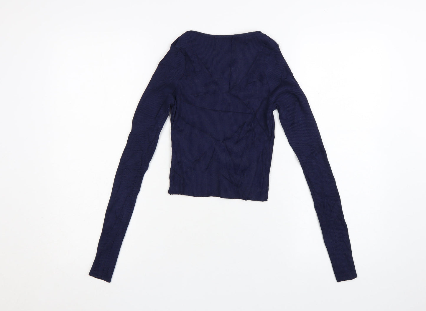 Pull & Bear Teens Blue Cropped Ribbed Long Sleeve V-Neck Top Size 12