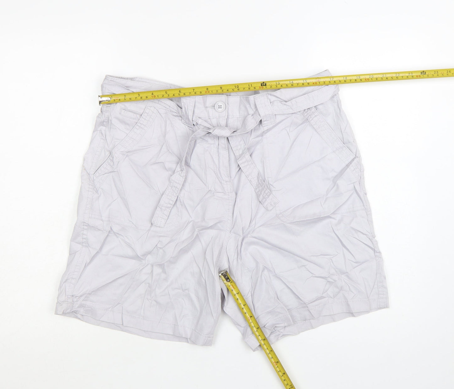 M&Co Women Silver Cotton Chino Shorts Size 16 Belted Casual