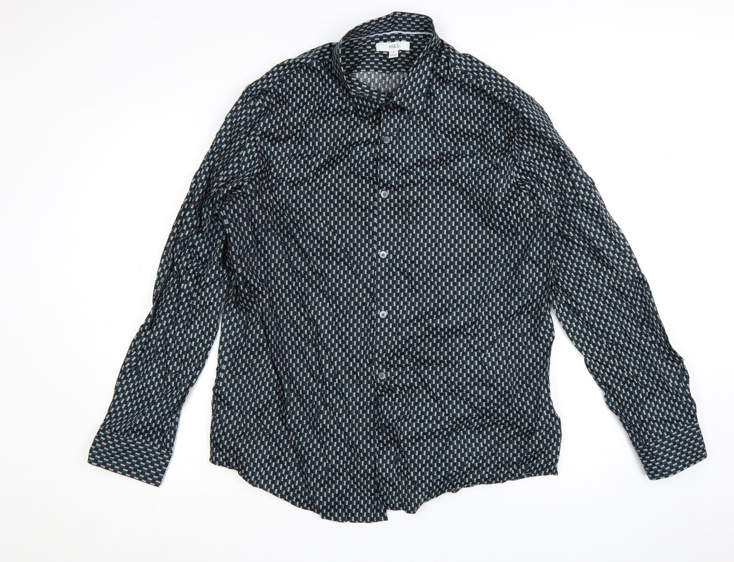 Marks and Spencer Men's Blue Geometric Cotton Long Sleeve Shirt XL