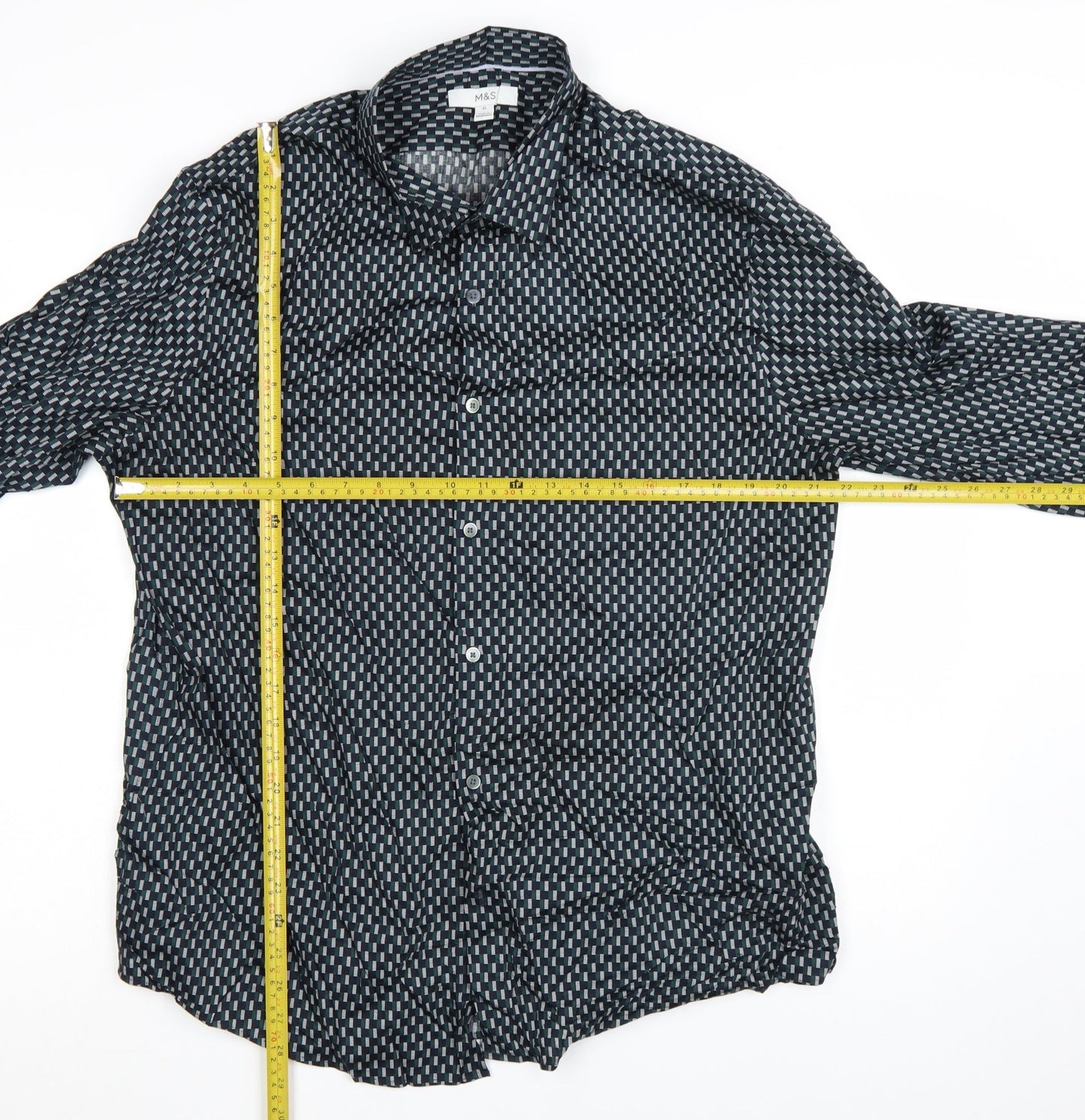 Marks and Spencer Men's Blue Geometric Cotton Long Sleeve Shirt XL