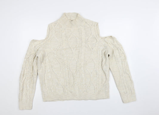 River Island Women Ivory Cold Shoulder Cable-Knit Jumper Size 12