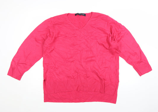French Connection Women's Pink V-Neck Cotton Jumper Size M