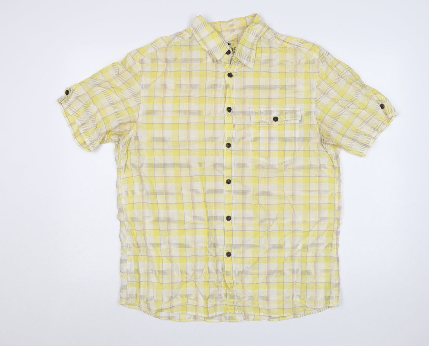 Marks and Spencer Men's Yellow Check Short Sleeve Cotton Shirt M