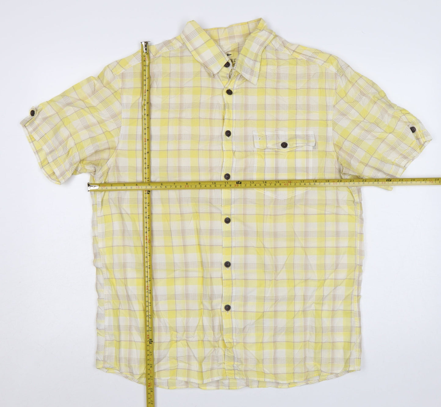 Marks and Spencer Men's Yellow Check Short Sleeve Cotton Shirt M