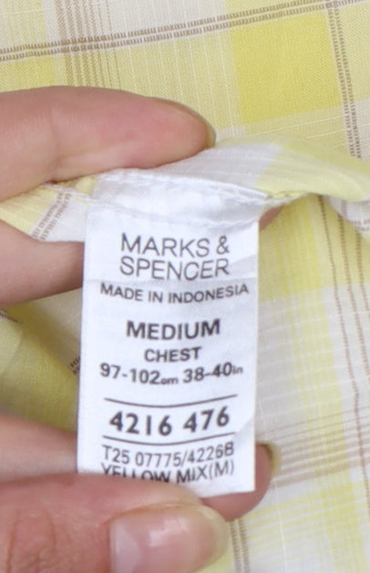 Marks and Spencer Men's Yellow Check Short Sleeve Cotton Shirt M