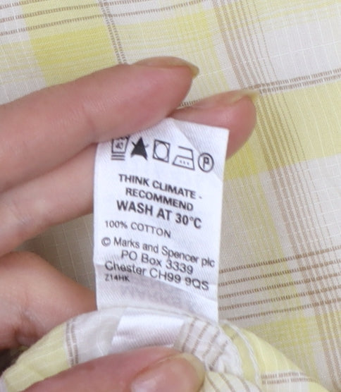 Marks and Spencer Men's Yellow Check Short Sleeve Cotton Shirt M