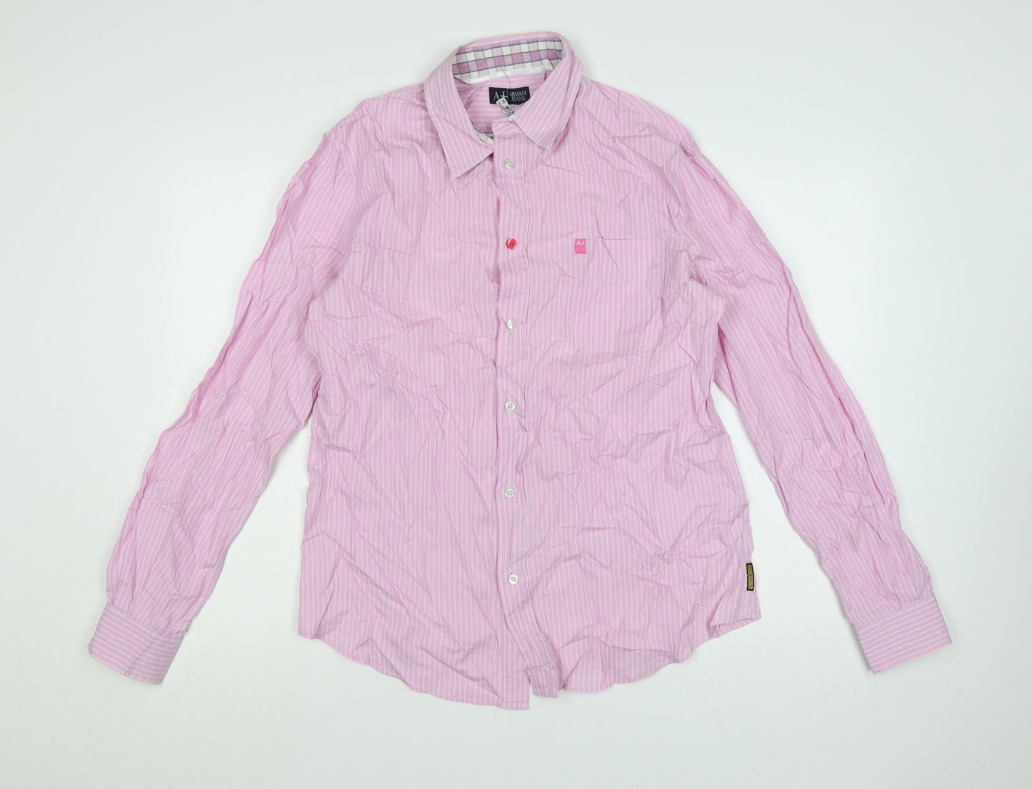 Armani Jeans Men's Pink Striped Long Sleeve Cotton Shirt XL Regular Fit