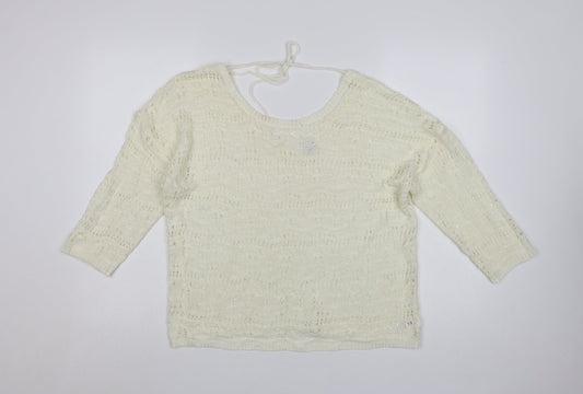 Kaleidoscope Women Ivory Open-Knit 3/4 Sleeve Pullover Jumper Size 14