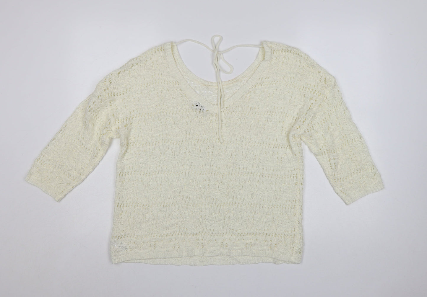 Kaleidoscope Women Ivory Open-Knit 3/4 Sleeve Pullover Jumper Size 14