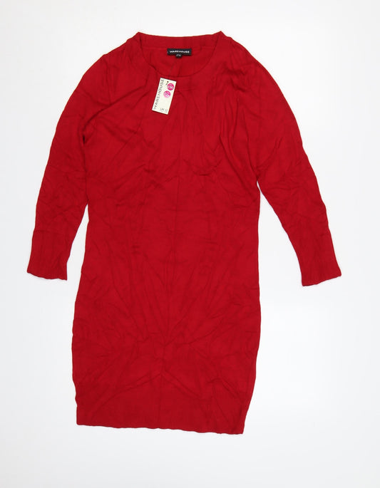 Warehouse Women Red Knit Mini Dress UK 12 Bodycon Long Sleeve