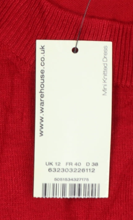 Warehouse Women Red Knit Mini Dress UK 12 Bodycon Long Sleeve