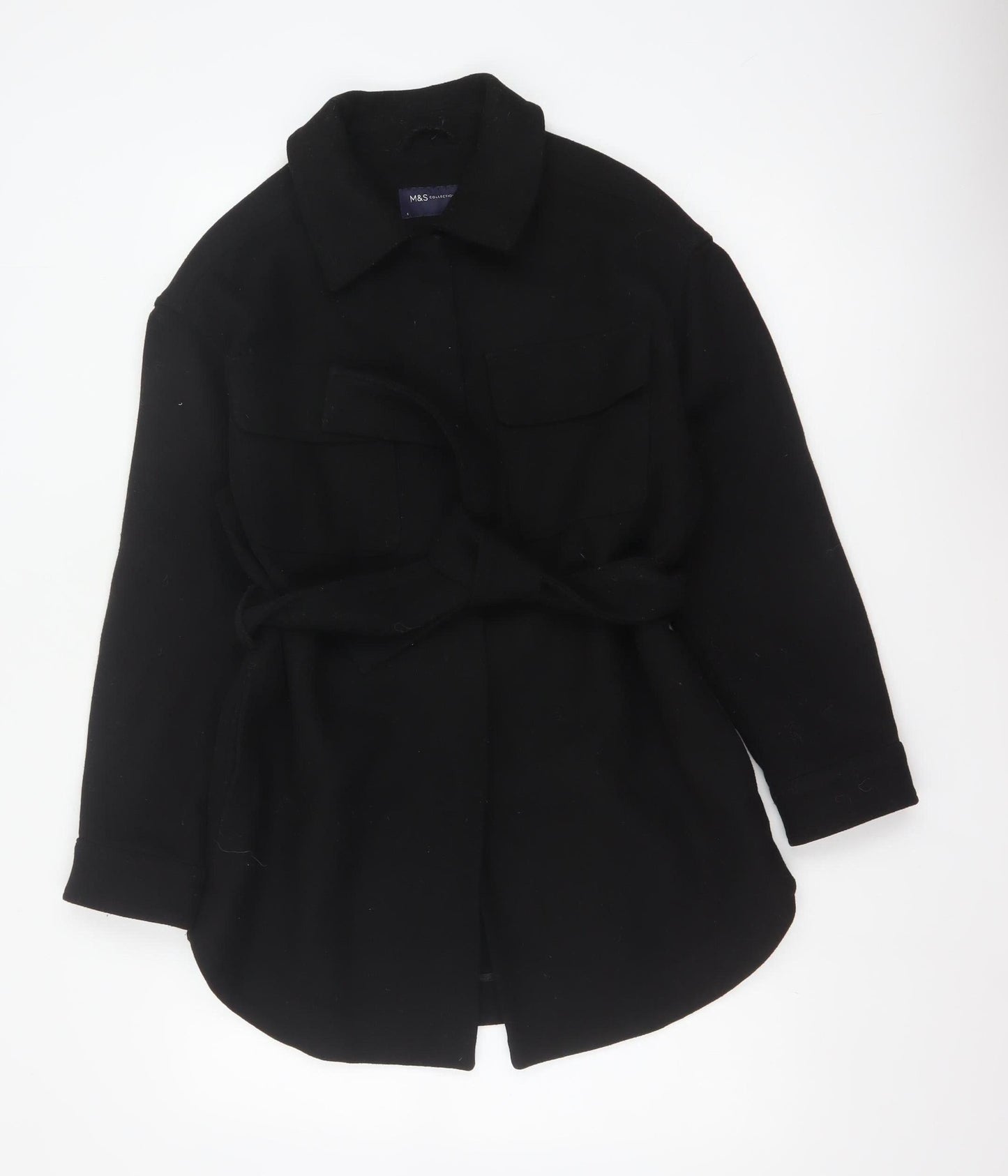 Marks and Spencer Women Black Wool Blend Belted Overcoat Size S