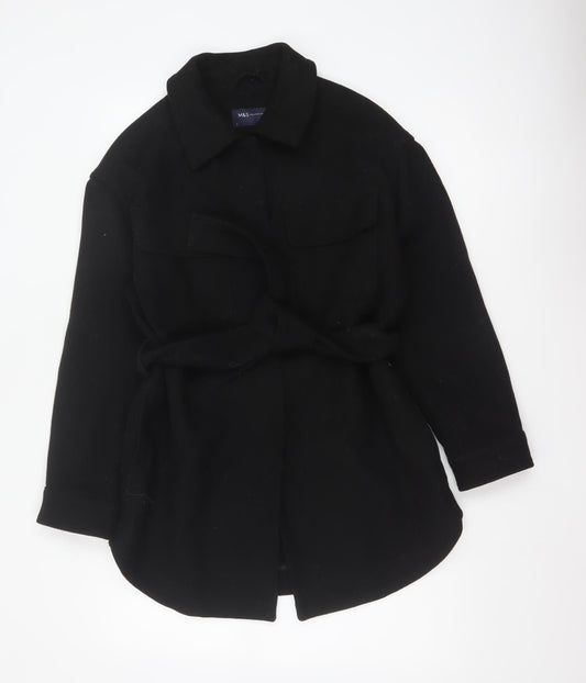 Marks and Spencer Women Black Wool Blend Belted Overcoat Size S