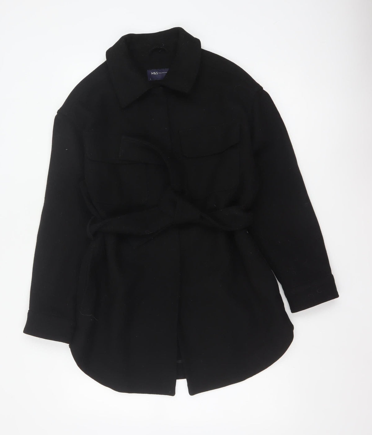 Marks & Spencer Women Black Wool Blend Belted Overcoat Size S