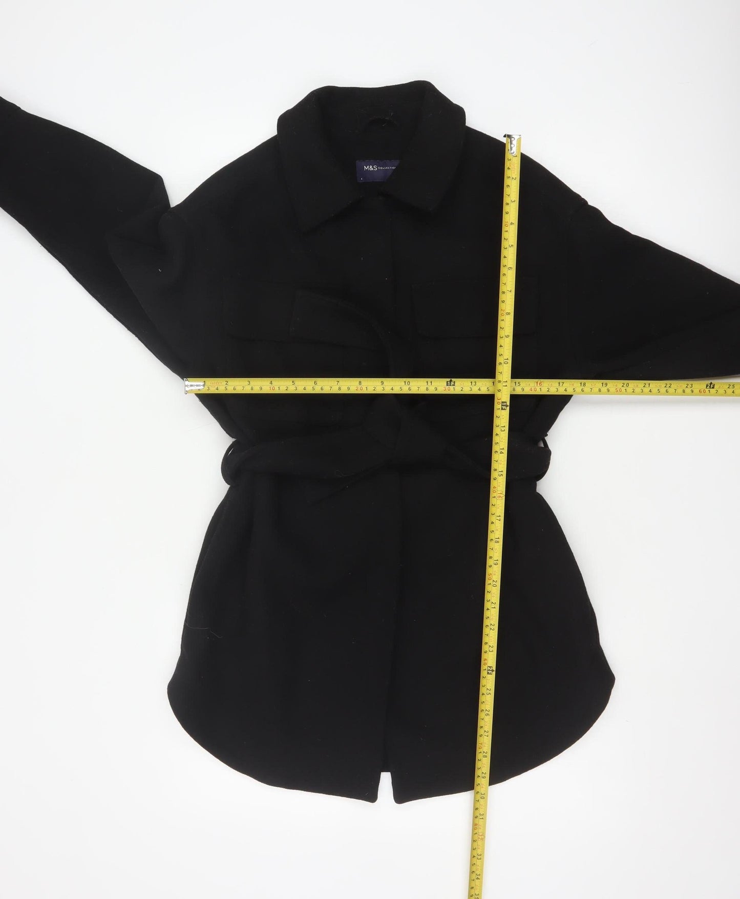 Marks and Spencer Women Black Wool Blend Belted Overcoat Size S