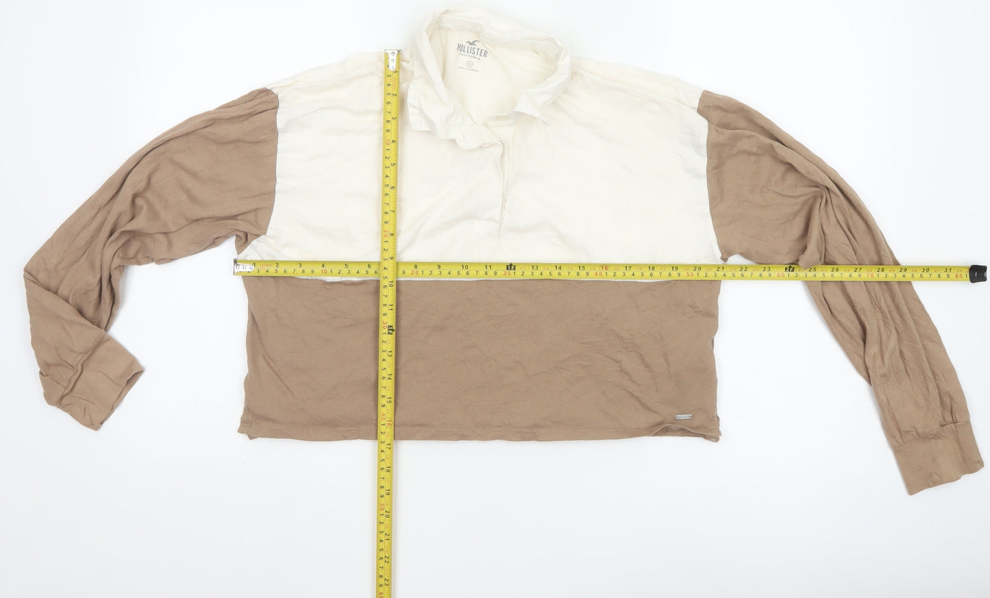 Hollister Women Beige Cropped Button-Up Long Sleeve Top M