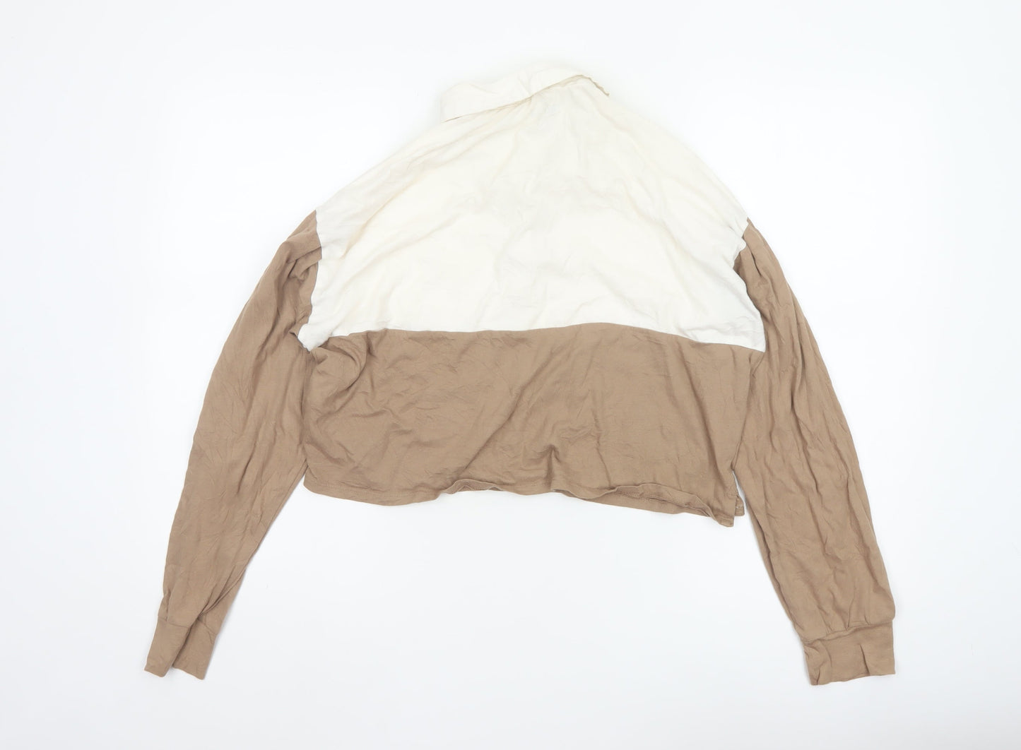 Hollister Women Beige Cropped Button-Up Long Sleeve Top M