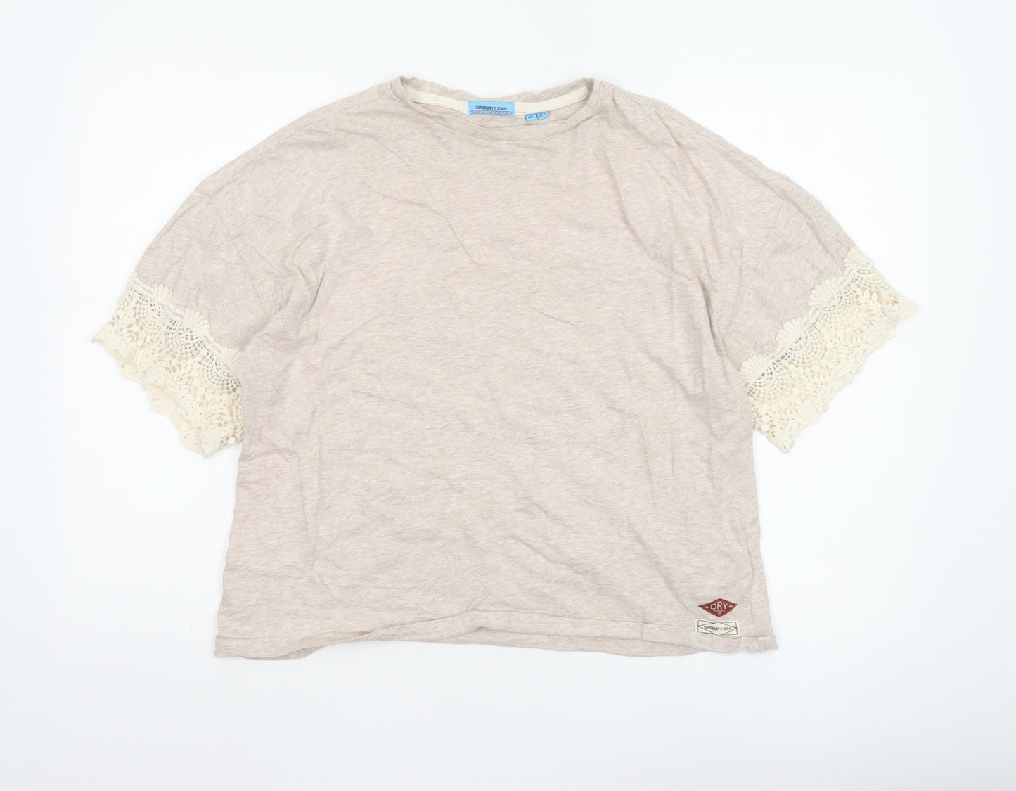 Superdry Womens Beige Crochet Sleeve T-Shirt Size 12