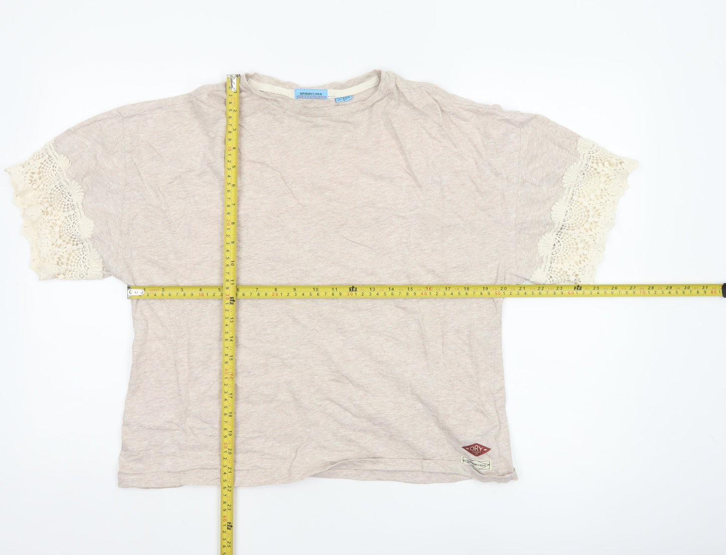 Superdry Womens Beige Crochet Sleeve T-Shirt Size 12