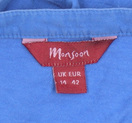 Monsoon Women Blue Size 14 Tunic Blouse 3/4 Sleeve Cotton Mix