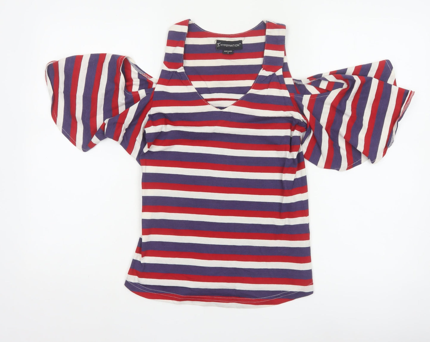 HYPERNATION Women’s Multicoloured Striped Cold Shoulder Cotton T-Shirt Size S