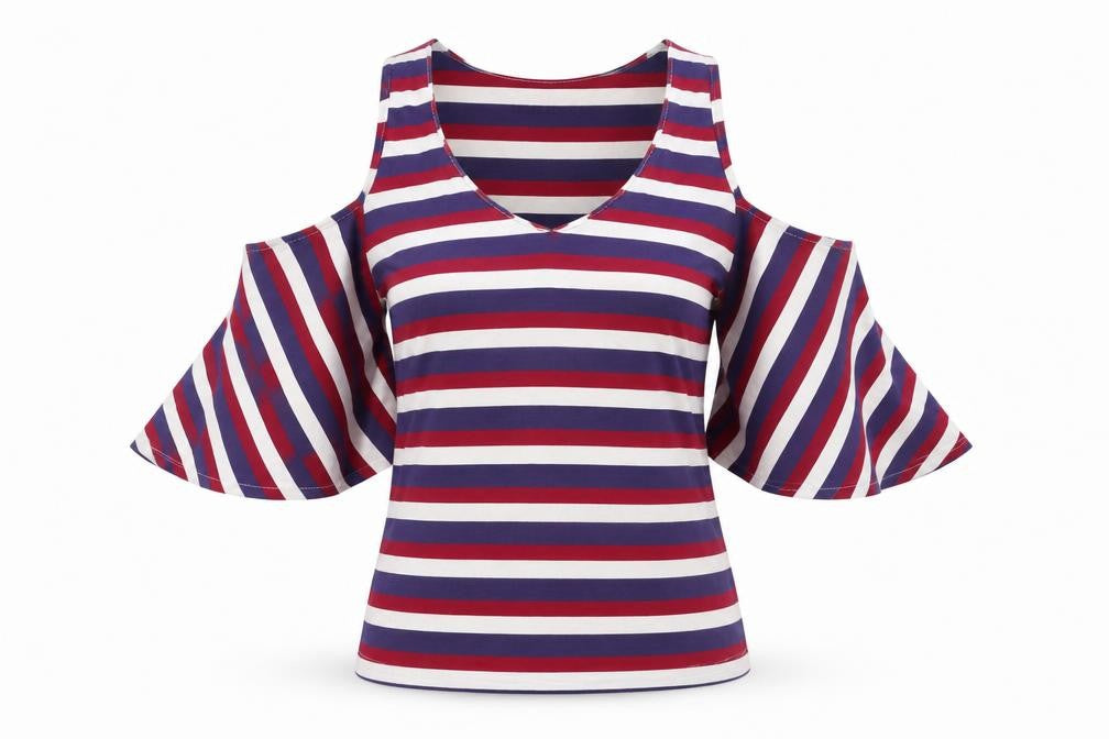 HYPERNATION Women’s Multicoloured Striped Cold Shoulder Cotton T-Shirt Size S