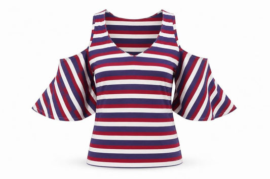 HYPERNATION Women’s Multicoloured Striped Cold Shoulder Cotton T-Shirt Size S