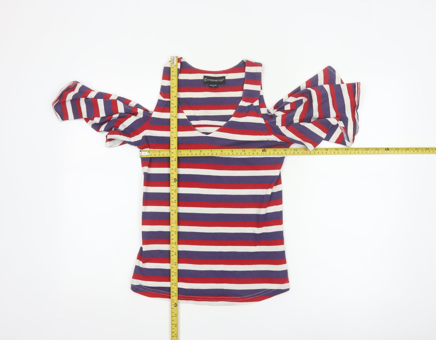 HYPERNATION Women’s Multicoloured Striped Cold Shoulder Cotton T-Shirt Size S