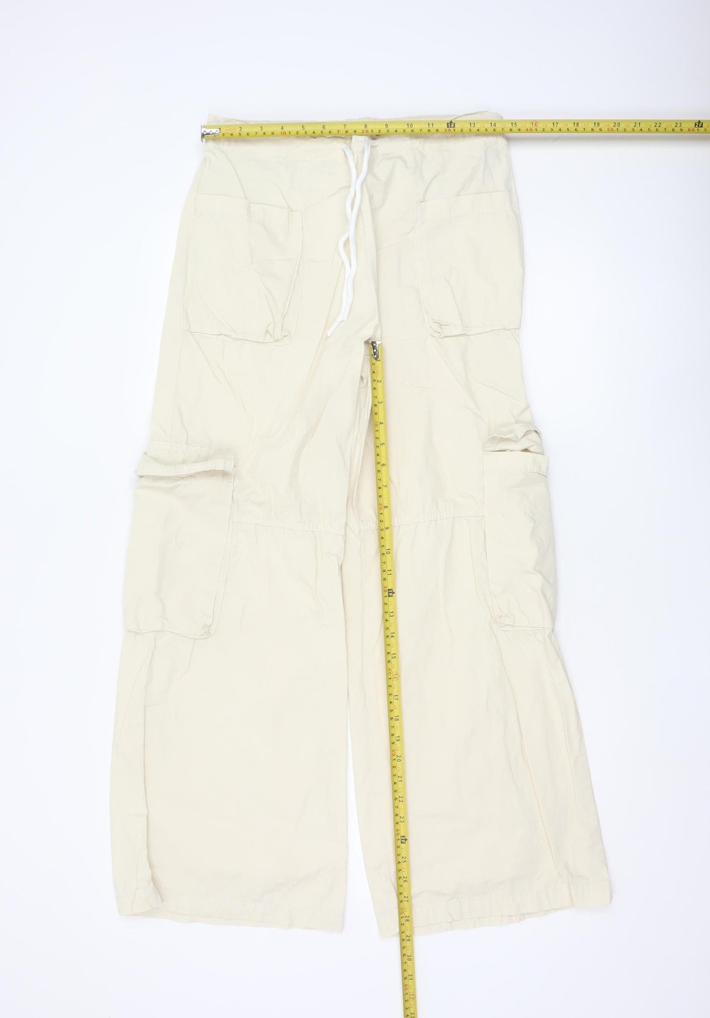 Bershka Women’s Beige Cotton Cargo Trousers XS Wide-Leg