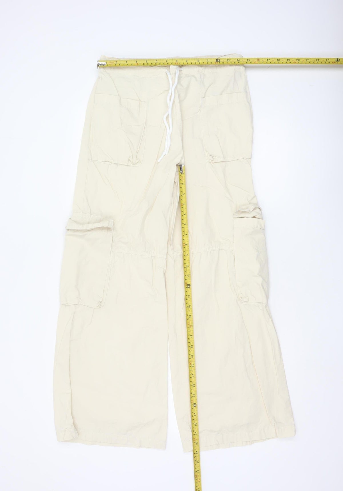 Bershka Women’s Beige Cotton Cargo Trousers XS Wide-Leg