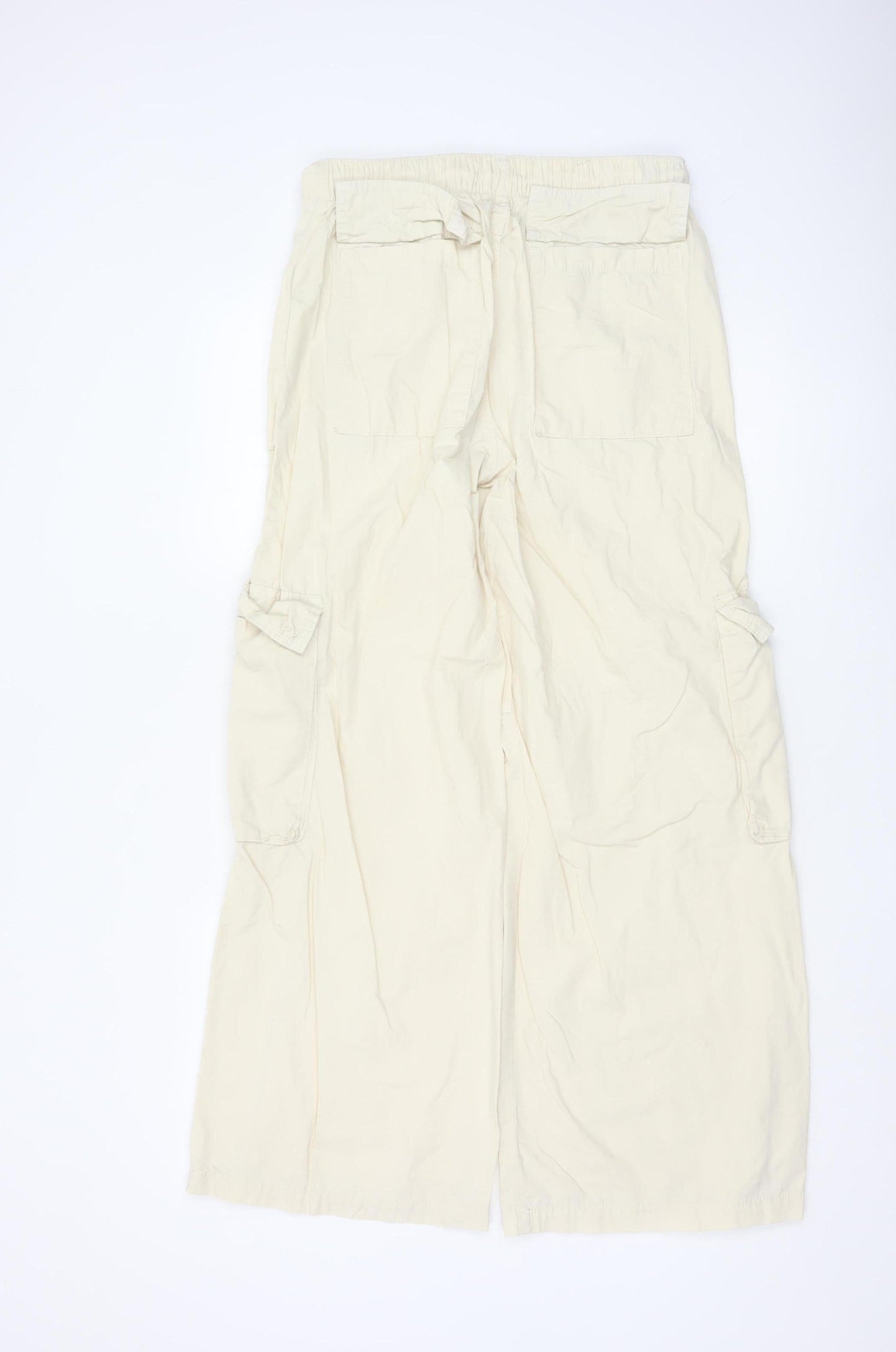 Bershka Women’s Beige Cotton Cargo Trousers XS Wide-Leg