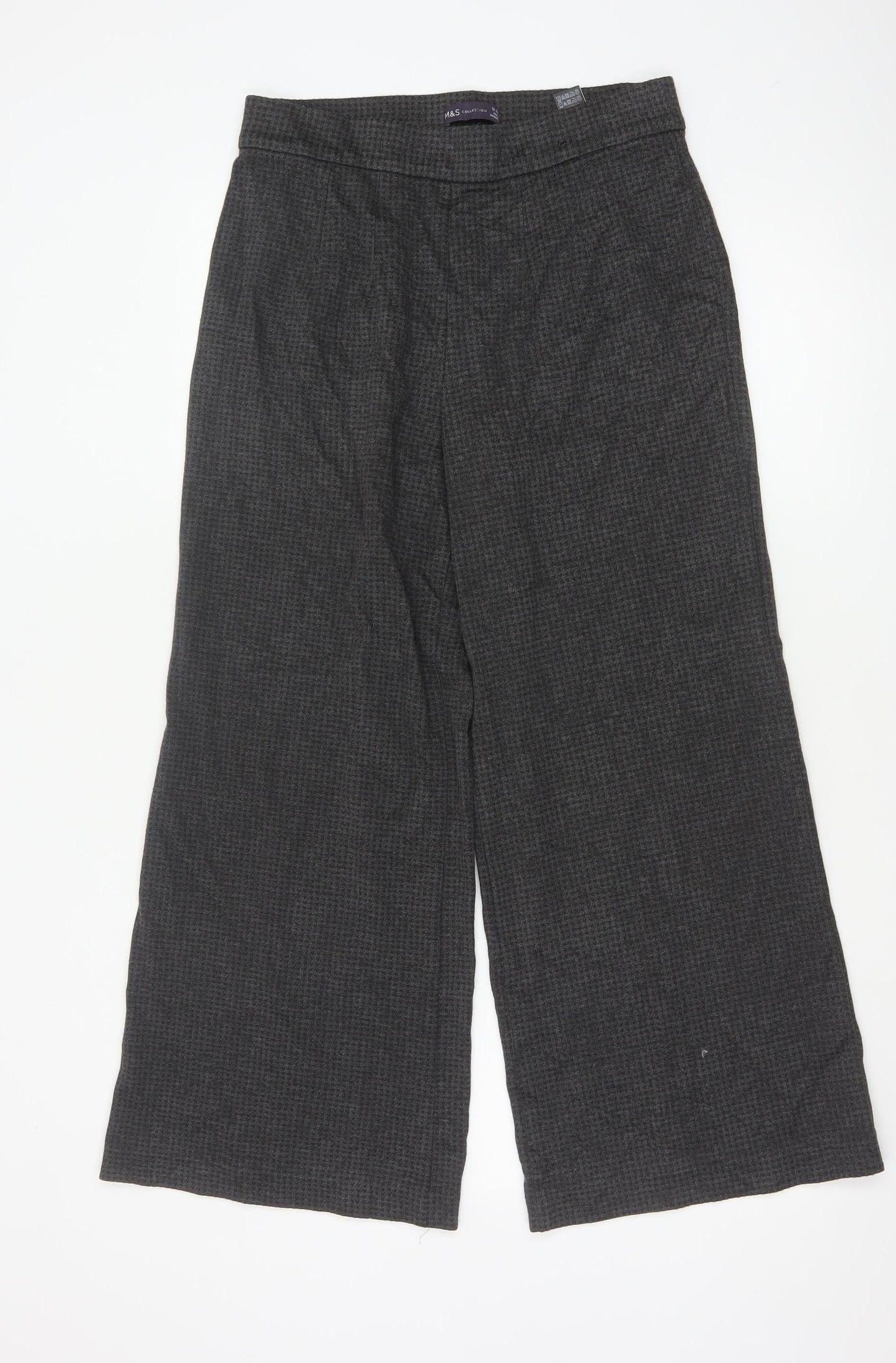 Marks and Spencer Women Grey Check Wide-Leg Trousers Size 12 Short