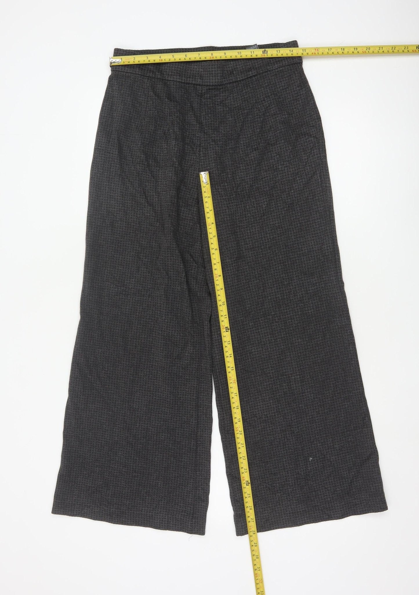 Marks and Spencer Women Grey Check Wide-Leg Trousers Size 12 Short