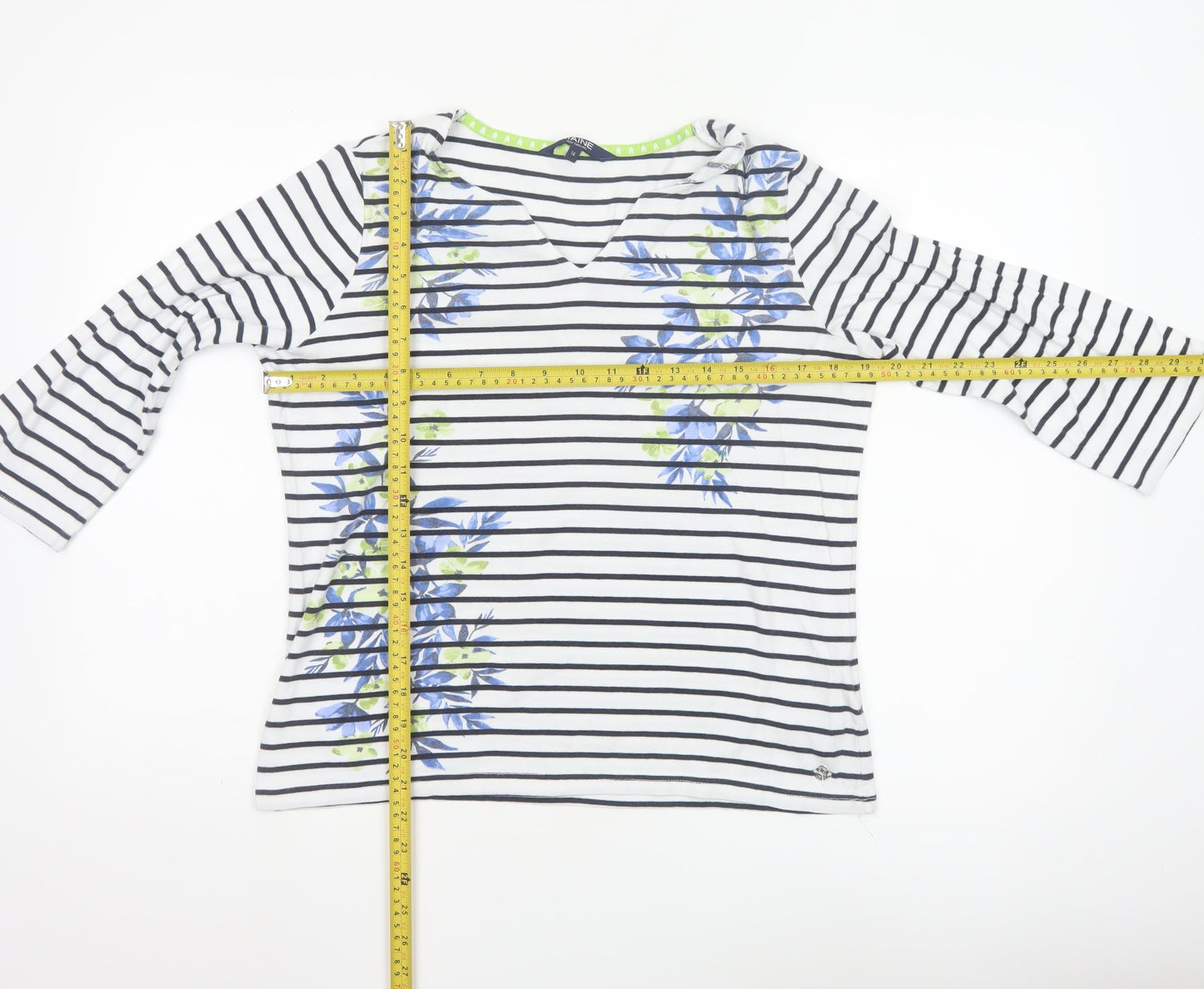 Maine New England Women's White Striped 3/4 Sleeve V-Neck Cotton T-Shirt Size 16