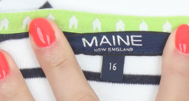 Maine New England Women's White Striped 3/4 Sleeve V-Neck Cotton T-Shirt Size 16