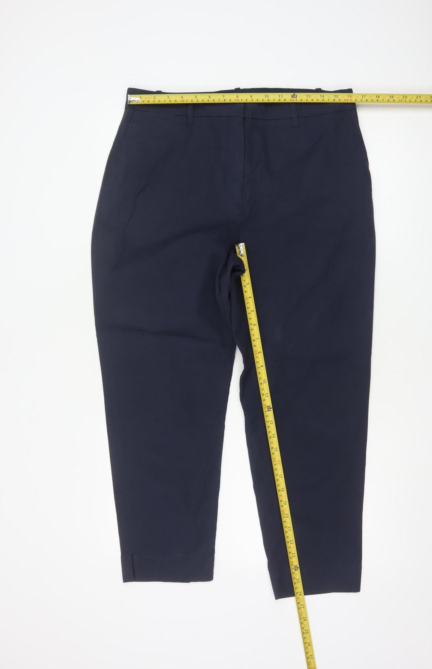 Marks and Spencer Women's Navy Blue Cotton Blend Ankle Trousers Size 14 Short